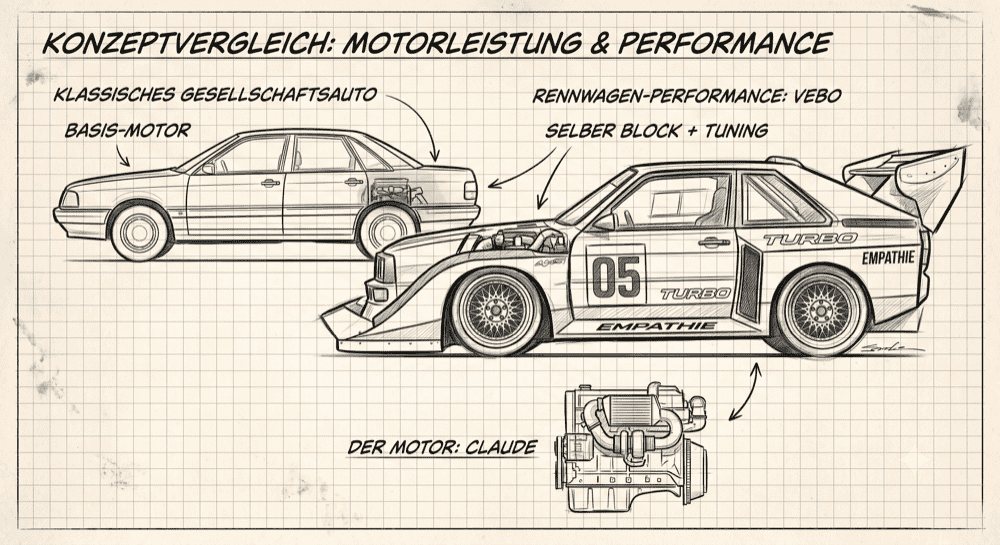 Konzeptvergleich: Motorleistung & Performance – klassisches Gesellschaftsauto (Basis-Motor) vs. Rennwagen mit Tuning. Der Motor: Claude.